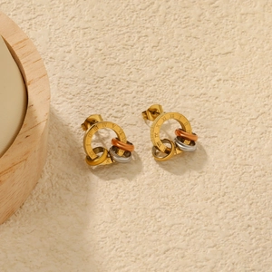 Three-tone roman numeral stainless steel hoop earrings in gold, silver, and rose gold