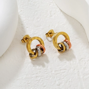 Roman numeral cutout earrings with interlocking tricolor rings in 18K gold plated steel