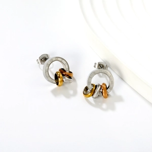 Three-tone interlocking circle stud earrings with Roman numerals in a minimalist design