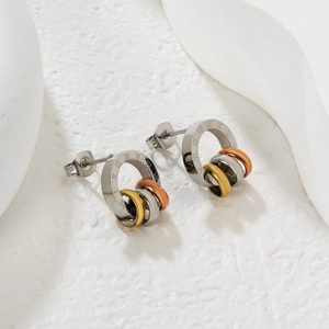 Roman numeral cutout stud earrings with gold, silver and rose gold tricolor rings