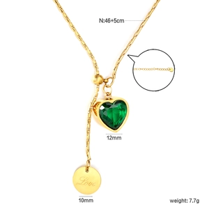 Gold stainless steel necklace featuring emerald heart pendant and engraved Love disc tag