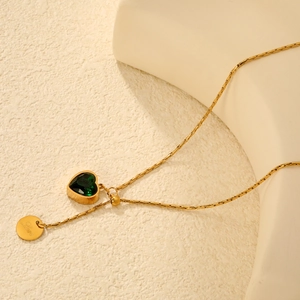 Gold heart emerald pendant necklace with Love coin on adjustable snake chain