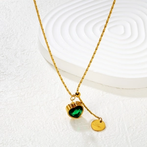 Golden stainless steel necklace with emerald heart pendant and Love charm engraving