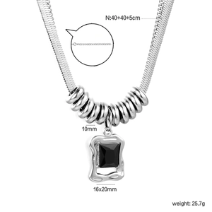 Detailed view of silver snake chain necklace with black gemstone pendant and size measurements