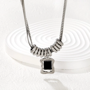 Stainless Steel Double Layer Necklace With Black Agate Square Pendant Herringbone Chain Geometric Modern Jewelry For Women Men