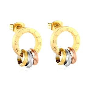 Roman numeral cutout earrings with intertwined gold, silver, and rose gold rings
