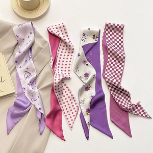 Dames Elegante Satijnen Skinny Sjaal Bloemen Stippen Schaakbord Twilly Voor Tas Handvat Haarband Nek Strik Decoratieve Zijdeachtige Sjaal