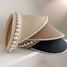 Detailed comparison of three colors of women's straw sun visors with pearl accents