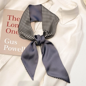 Elegant grey twilly scarf with black and white grid pattern for handbags and hair