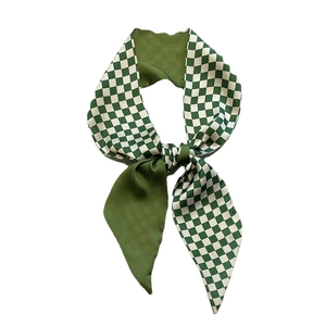 Green and white checkered silk twilly scarf for hair styling or bag decoration