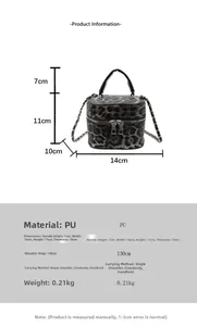 Detailed dimension guide for leopard print mini bucket bag with size and strap specifications
