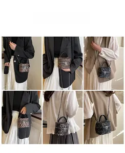 Detail shots of leopard bucket bag showing styling with different outfits and textures