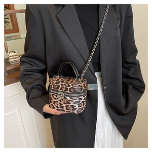 Chic leopard print box bag with silver chain strap worn by a model in a minimal setting