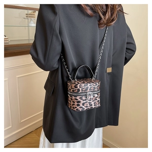 Leopard print mini box bag with chain strap styled with black blazer in a chic interior