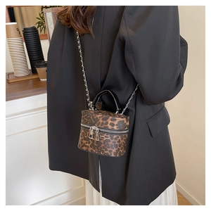 Chic leopard print mini cylinder bag with silver chain strap shown worn by a model