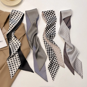 Professional Women Skinny Satin Scarf Office Temperament Checkerboard Polka Dot Hair Band Handbag Streamer Elegant Neck Scarf