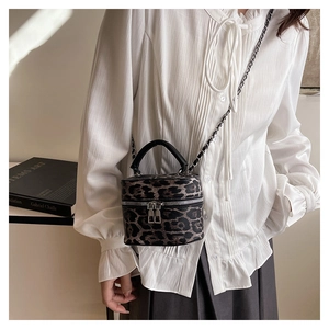 Detailed shot of a stylish leopard print mini box bag with chain strap and silver zippers