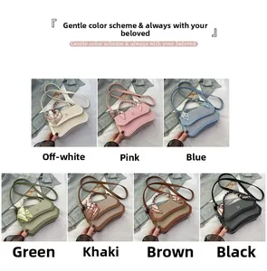Detailed grid view of textured leather crossbody bags with D-letter charms and silk scarves