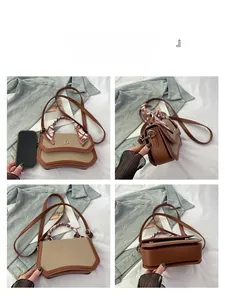 Detailed multi-angle view of two-tone crossbody bag with silk scarf handle and D-buckle