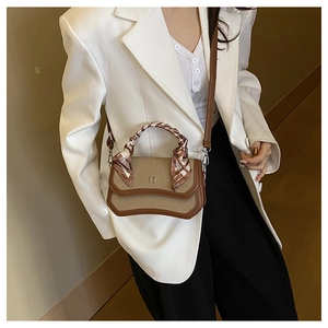 French chic small square crossbody bag with textured fabric and scarf-wrapped handle