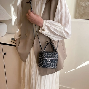 Mini leopard print box bag with silver chain strap shown on a model in natural light