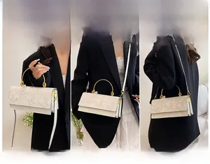 Detailed views of beige lace handbag with butterfly embroidery and golden metal handle