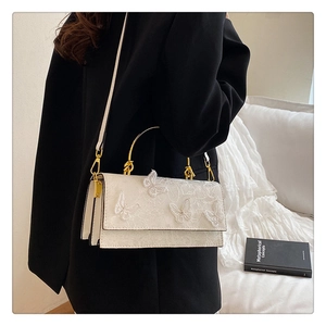 Detailed view of lace handbag with butterfly embroidery and golden metal handle