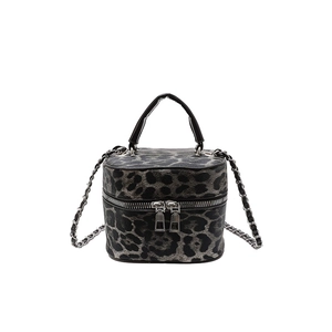 Leopard print box handbag with silver chain strap and dual zippers in grey and black
