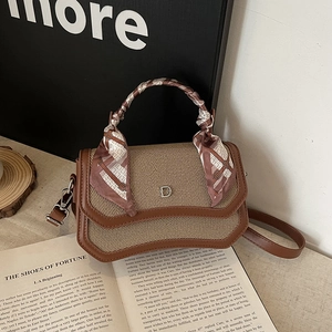 Women Crossbody Bag Handbag Retro PU Leather Woven Texture Metal Letter D Satin Scarf Handle Fashion Elegant Contrast Color