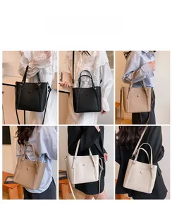 Detail view of the tote bag in black, khaki, and cream with adjustable straps and front pocket