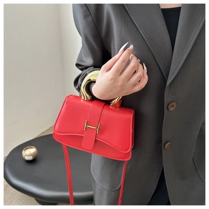 Detailaufnahme der roten Klapptasche mit goldenem U-Griff und H-förmiger Metallschnalle