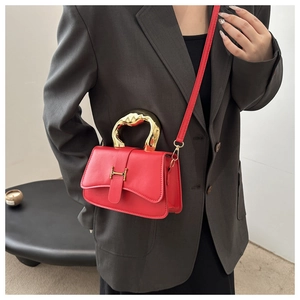 Detailansicht einer roten Mini-Handtasche mit goldenem Wellengriff und H-förmiger Schnalle