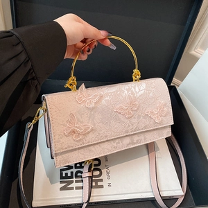Butterfly Embroidery Crossbody Bag For Women 3D Lace Small Square Handbag With Metal Ring Handle And PU Leather Strap