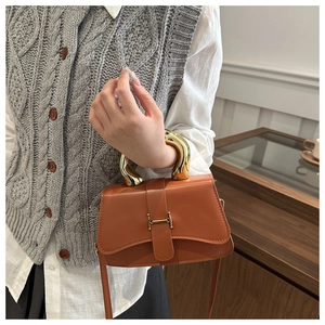 Nahaufnahme der braunen Ledertasche mit goldenem H-Verschluss und Metallgriff