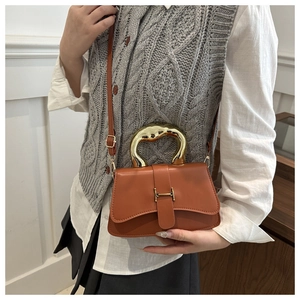 Detail einer braunen Ledertasche mit goldenem Metallgriff und H-förmiger Metallschnalle