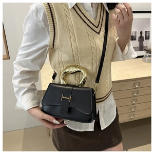 Detail der eleganten schwarzen Box-Tasche mit goldenem Wellengriff und H-Schnalle am Model