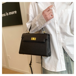 Classic black leather handbag with gold metal twist lock and single handle worn by model