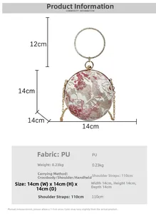 Detailed size chart for lace spherical handbag with dimensions and handle height