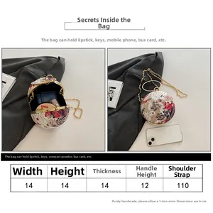 Detailed size chart for spherical flower handbag with dimensions and capacity info