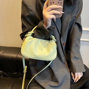 Fashionable light green pleated cloud bag with knotted handle and adjustable strap for women