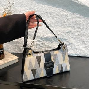 Geometric Patchwork Underarm Bag PU Leather Colorful Triangle Pattern Braided Strap Niche Design Shoulder Crossbody Bag