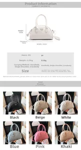 Detail view of leather texture shell bag with size specs and six color options