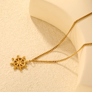 18K gold plated stainless steel rudder pendant necklace on a minimalist link chain
