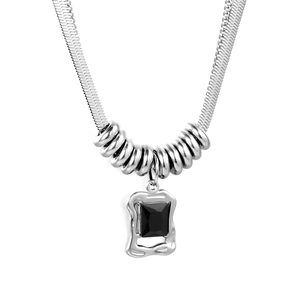 Modern silver herringbone chain necklace with black onyx square pendant and double link design