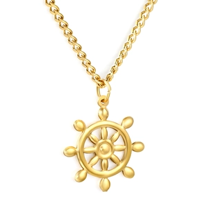 Gold stainless steel sun wheel helm pendant necklace with thick lip chain for women