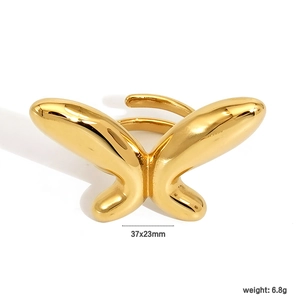 Polished 18K gold-plated stainless steel butterfly open ring, 37x23mm, weighing 6.8g