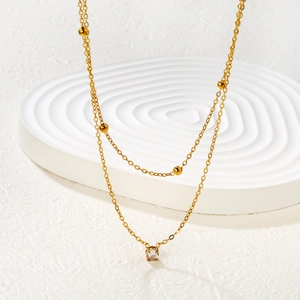 Collana A Doppio Strato Acciaio Inossidabile Placcato Oro Ciondolo In Zirconia Perline Dorate Gioielli Eleganti Per Donna