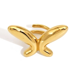 Polished 18K gold-plated stainless steel butterfly open ring for women on white background