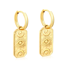 18K gold plated stainless steel rectangular drop earrings with celestial eye and moon motifs