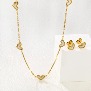 Elegant 18k gold plated heart necklace and earrings set with white shell inlay
